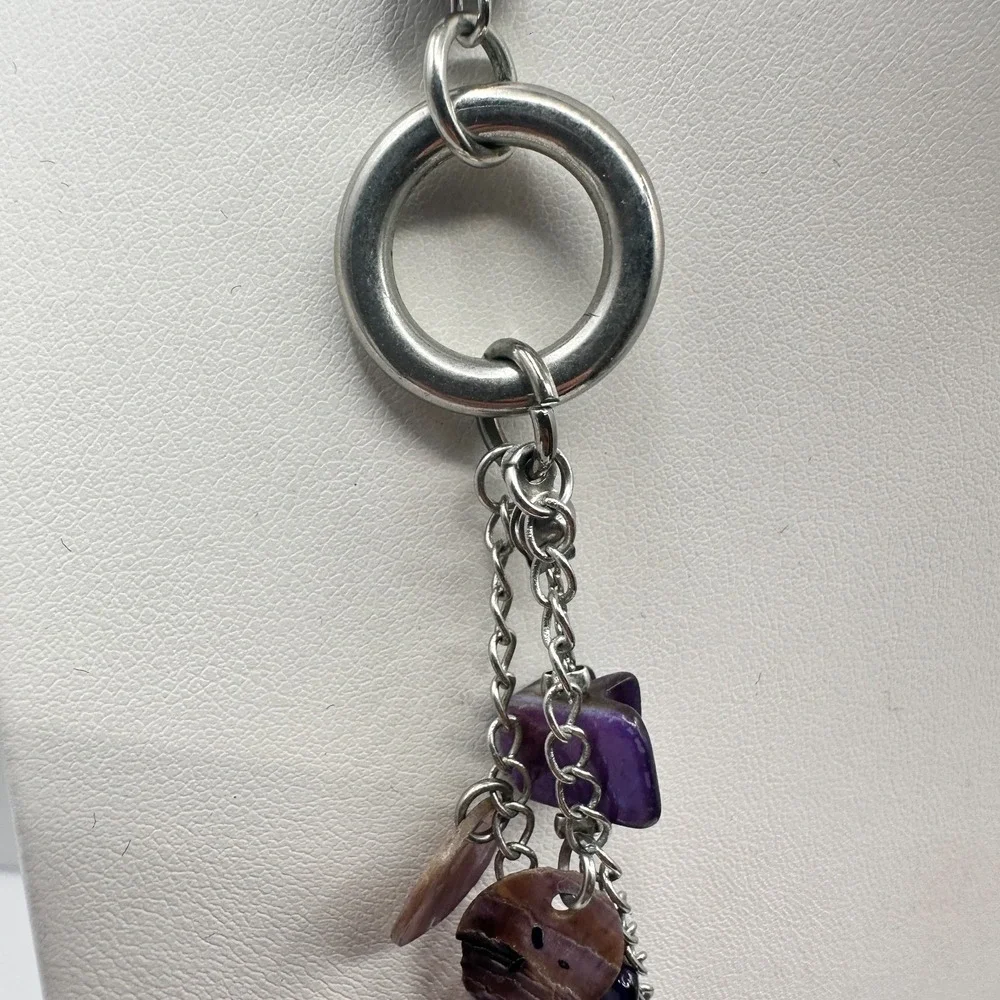 VTG Silver Tone Purple Multi Layer Layered Necklace Shell Stone Look Cluster Y2K